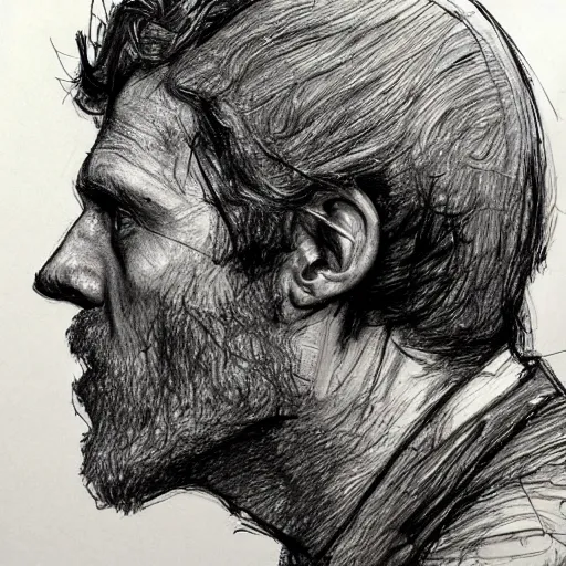 Image similar to a realistic yet scraggly portrait sketch of the side profile of a stern and sophisticated paul bettany, trending on artstation, intricate details, in the style of frank auerbach, in the style of sergio aragones, in the style of martin ansin, in the style of david aja, in the style of mattias adolfsson