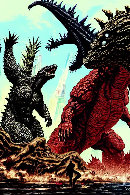 Prompt: adam and eve versus godzilla, gta smooth painting, each individual seeds have ultra high detailed, 4 k, illustration, torn cosmo magazine style, concept art, pop art style, ultra realistic, art by yoji shinkawa, ayami kojima, tetsuya nomura, bob rafei