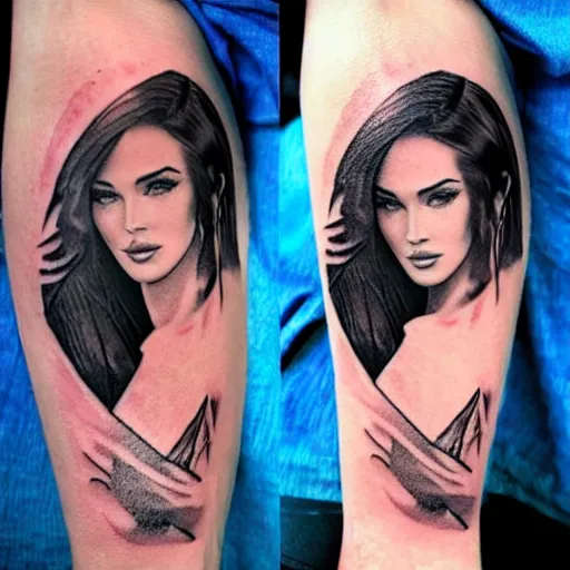 Image similar to double exposure tattoo sketch of megan fox with beautiful mountain scenery, hyper - realistic, in the style of den yakovelev, amazing detail, sharp