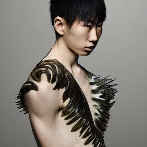 Image similar to a beautiful young japanese male wearing iris van herpen, painted by michelangelo