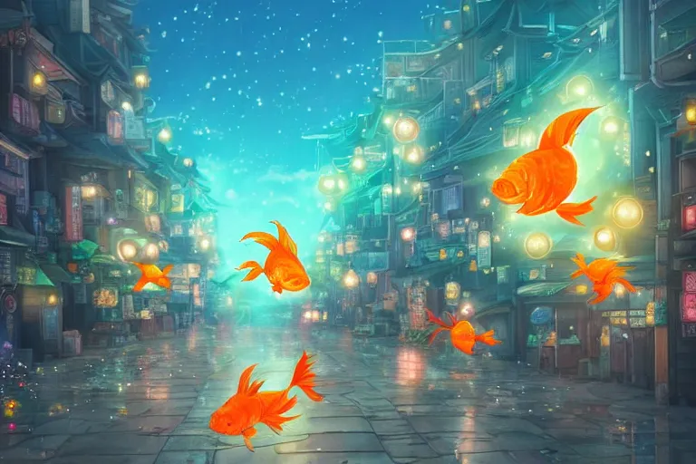 Image similar to fantasy art of glowing goldfish swimming in the air, in the streets of a japanese town at night, with people watching in wonder, in the style of studio ghibli and makoto shinkai, highly detailed digital art, trending on artstation