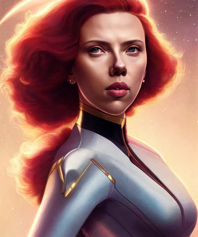 Image similar to Scarlett Johansson is the captain of the starship Enterprise in the new Star Trek movie, art nouveau,elegant, highly detailed, sharp focus, art by Artgerm and Greg Rutkowski