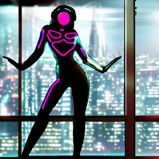 Image similar to beautiful cybergirl with the headset in the metallic costume standing by the window in the futuristic neon room, city lights, digital art, highly detailed