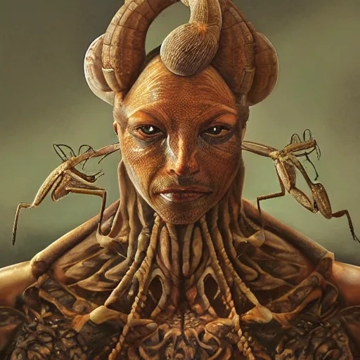 Prompt: a matte symmetrical portrait of Heitsi Eibib, the Mantis-headed god of the Khoisan tribe. He sits in the mouth of an enormous toad. Award winning surrealist portrait Painting by alex gray and android jones , Karol Bak, Ayami Kojima, Amano , concept art, character design, fantasy,3D, 8k resolution