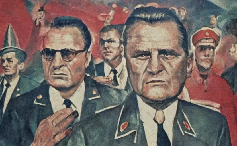 Prompt: 60s soviet art fresco of Josip Broz Tito leading soviet people, heavy grainy picture, very detailed, high quality, 4k, HD criterion, dramatic lightning, precise texture