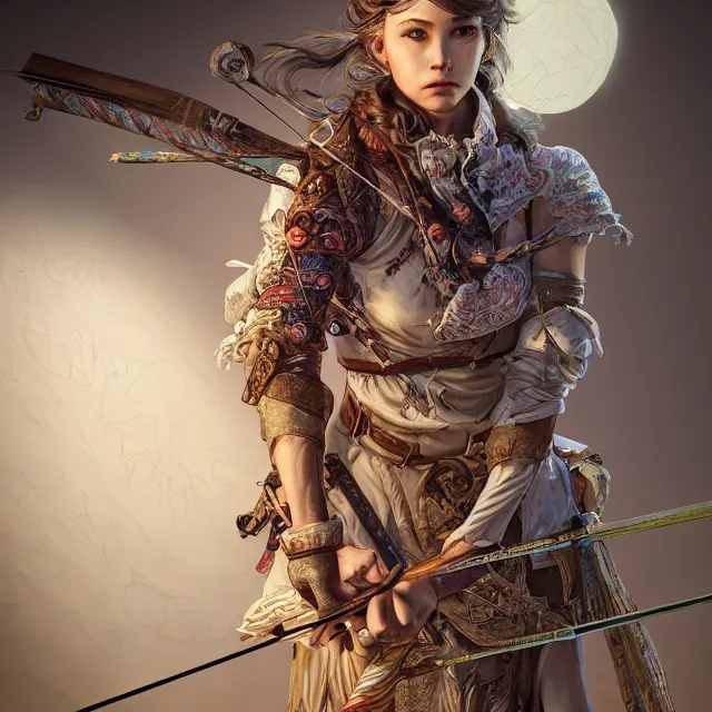 Image similar to the portrait of lawful neutral semi - colorful female archer huntress as absurdly beautiful, gorgeous, elegant, young girl, an ultrafine hyperdetailed illustration by kim jung gi, irakli nadar, intricate linework, bright colors, octopath traveler, final fantasy, unreal engine 5 highly rendered, global illumination, radiant light, detailed and intricate environment