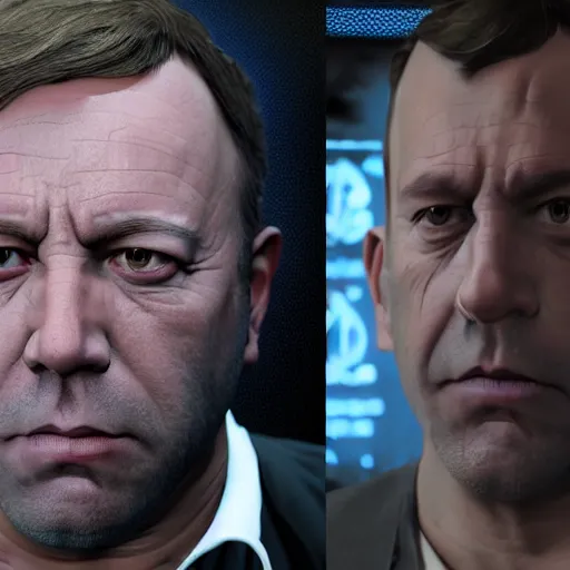 Image similar to hyperrealistic mixed media image of info wars alex jones dumbfounded gta v, stunning 3 d render inspired art by xiang duan and thomas eakes and greg rutkowski, perfect facial symmetry, hyper realistic texture, realistic, highly detailed attributes and atmosphere, dim volumetric cinematic lighting, 8 k octane detailed render, post - processing, masterpiece,