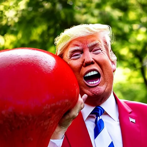 Image similar to portrait photo of Donald Trump finding a giant red mushroom, exhilarated, portrait, closeup. mouth open, 30mm, bokeh