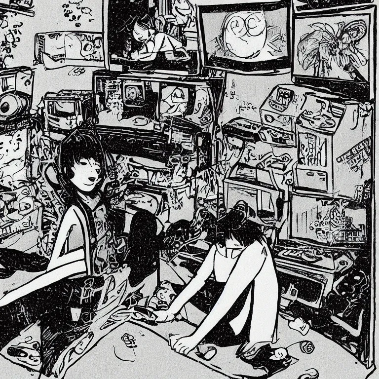 Image similar to illustration of teenager playing video games inside ominous creepy 1 9 8 0's teenagers bedroom. manga style of kentaro mirua,