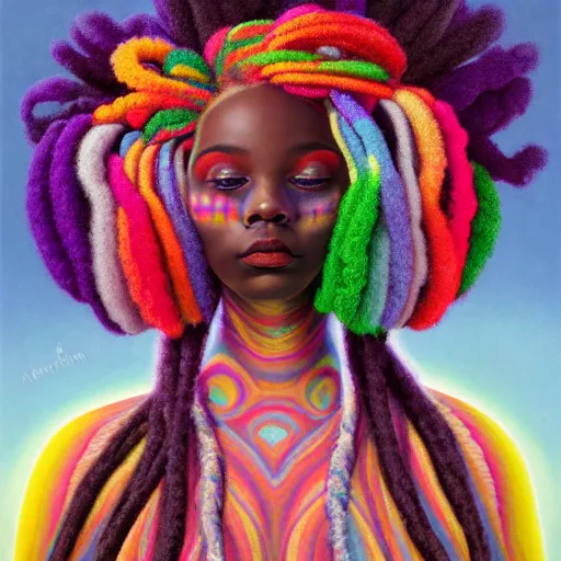 Image similar to a wide angle shot of a black girl with colorful dreadlocks in a field of candy, by Adi granov and afarin sajedi and amanda sage and evgeni gordiets and Agostino Arrivabene and adonna khare in a psychedelic portrait style, ultrarealistic matte painting, volumetric lighting, fractal, extremely symmetrical, highly detailed face, orisha, 8k, hd