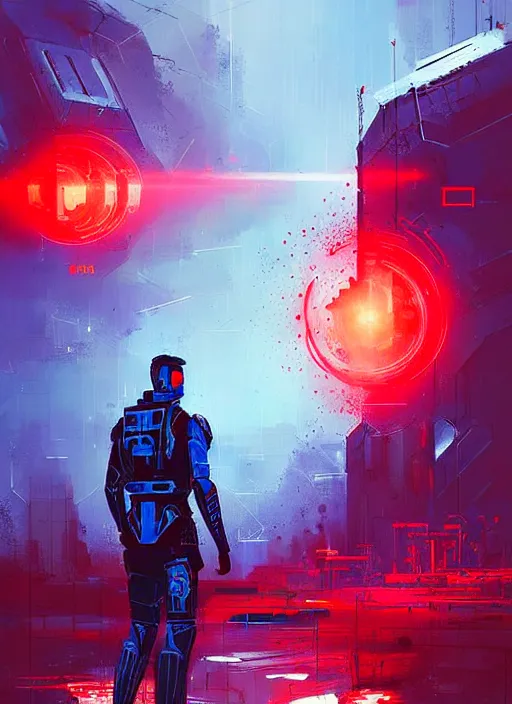 Prompt: sci - fi art, dolph lundgren as armored warrior, blue and red in the background, art by ismail inceoglu