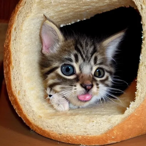 Prompt: kitten living inside a bread, hyper detailed