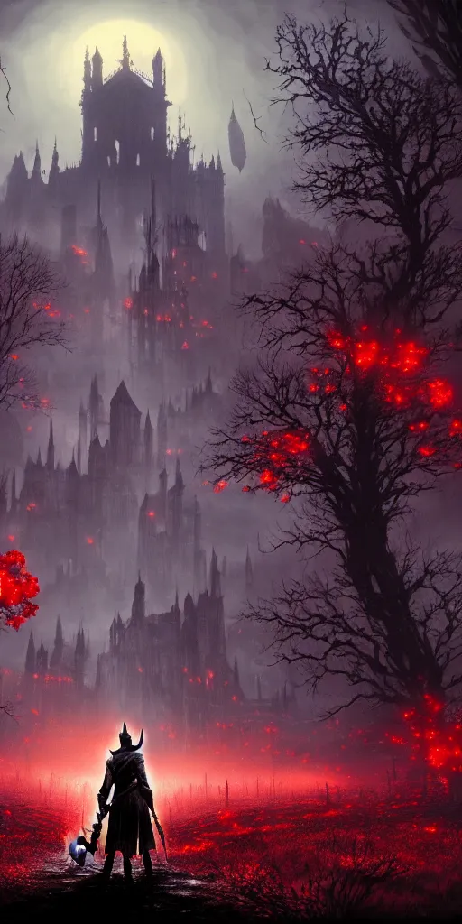 Image similar to abandoned bloodborne old valley with a person at the centre and a ruined gothic city in the background, trees and stars in the background, falling red petals, epic red - orange moonlight, perfect lightning, wallpaper illustration by niko delort and kentaro miura, 4 k, ultra realistic