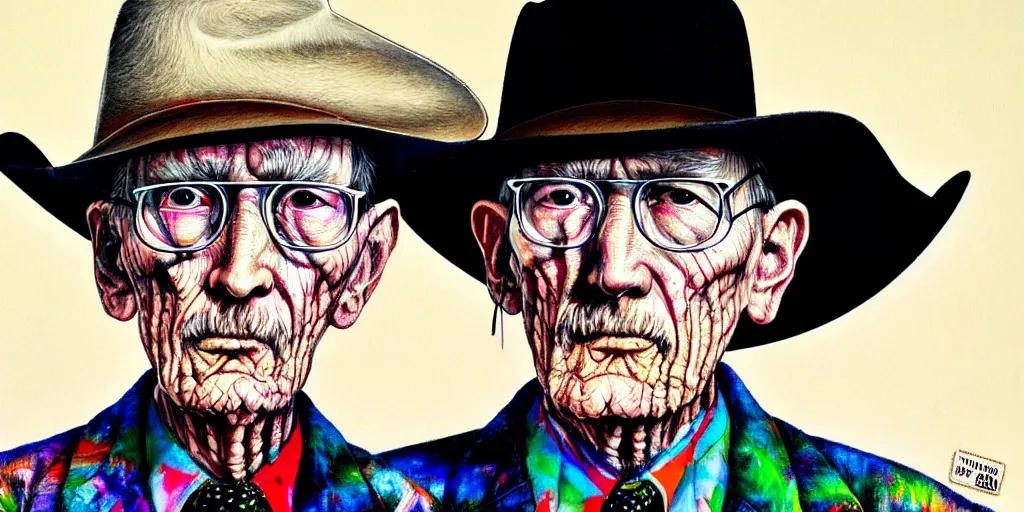 Prompt: full view of william s burroughs, wearing a cowboy hat, style of yoshii chie and hikari shimoda and martine johanna, highly detailed