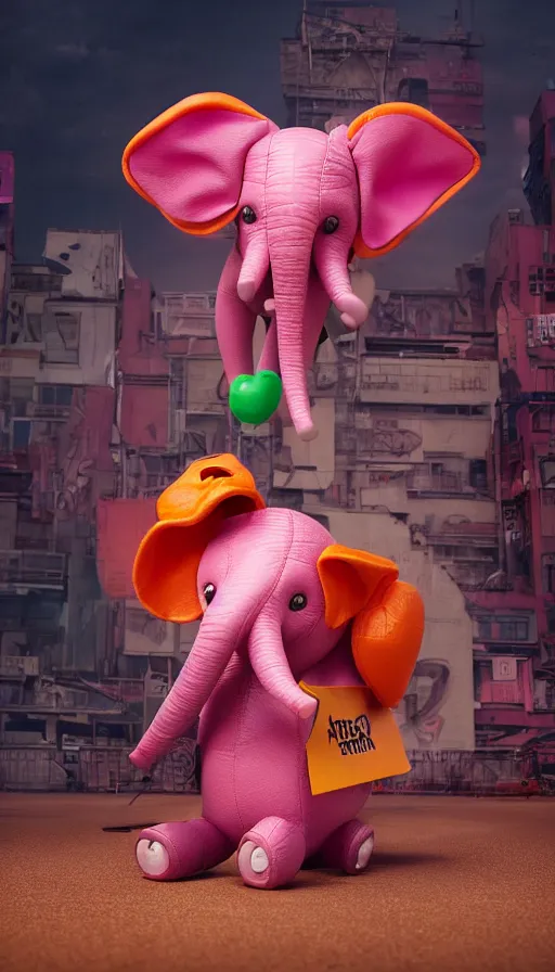 Image similar to A pink elephant with a piercing in his trunk wearing a orange green mohawk and a leather jacket on which a mouse is printed. perfectly-centered-photograph of a pink elephant, film still, dynamic action pose, insane detail, intricate, highly detailed, Zeiss Lens, DSLR photography, smooth, sharp focus, Unreal Engine 5, Octane Render, Redshift, 8K