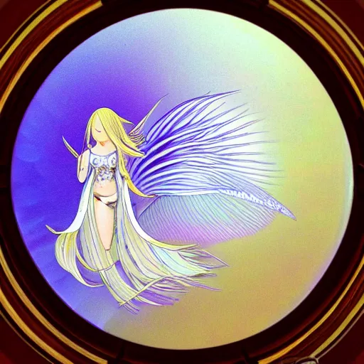 Prompt: a betta fish anthropomorphic angel, white and gold color palette, by Yoshitaka Amano, ethereal, dreamy, god rays