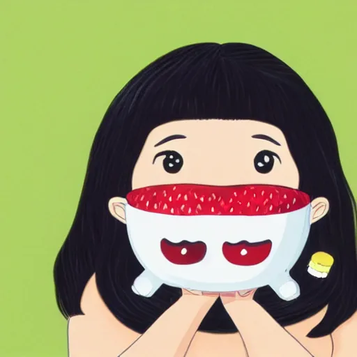 Image similar to a cute strawberry with two front teeth, holding a yellow toothbrush, in the style of chiho aoshima