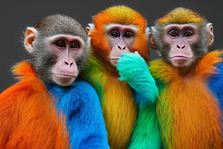 Prompt: Contamporary art fashion photography of ultra mega super hyper realistic detailed group of ultra mega super hyper realistic detailed monkey's in detailed colourful sport suits . Photo shot from 30m distance on ultra mega super hyper Leica Q2 Camera, Rendered by DaVinci Resolve