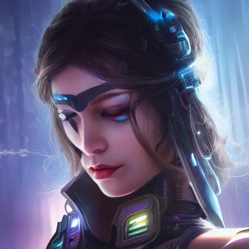 Image similar to closeup portrait of a young cyborg woman, cyberpunk, nighttime, fantasy, intricate, elegant, highly detailed, digital painting, artstation, concept art, matte, sharp focus, illustration, hearthstone, art by Artgerm and Gred Rutkowski and Alphonse Mucha