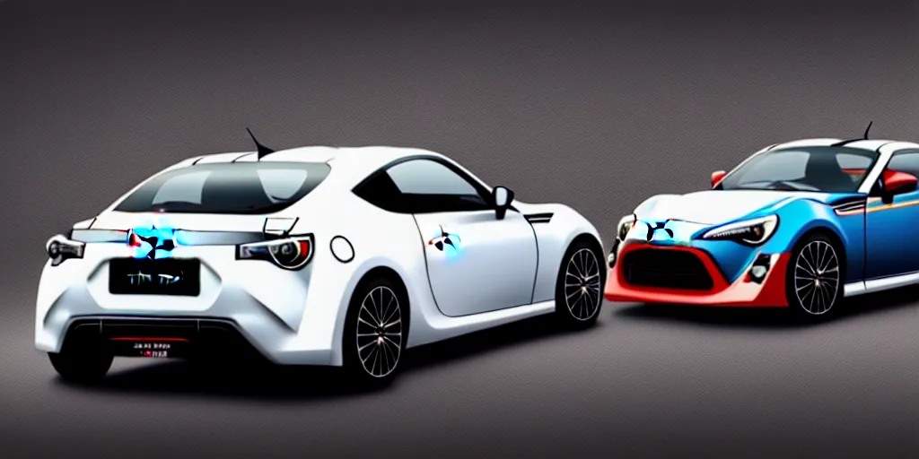 Image similar to merge the designs of Toyota gt86 2015 and Aston Martin 2022 as one car. No background, concept art style.