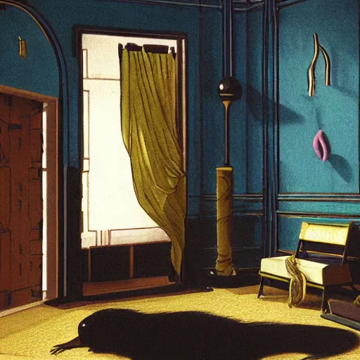 Image similar to a black monster in a liminal room, film still by wes anderson, depicted by canova, limited color palette, very intricate, art nouveau, highly detailed, lights by hopper, soft pastel colors, minimalist