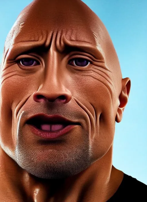 Image similar to a close up photograph of Dwayne Johnson with enormous eyes, a tiny mouth, and an incredibly wide nose
