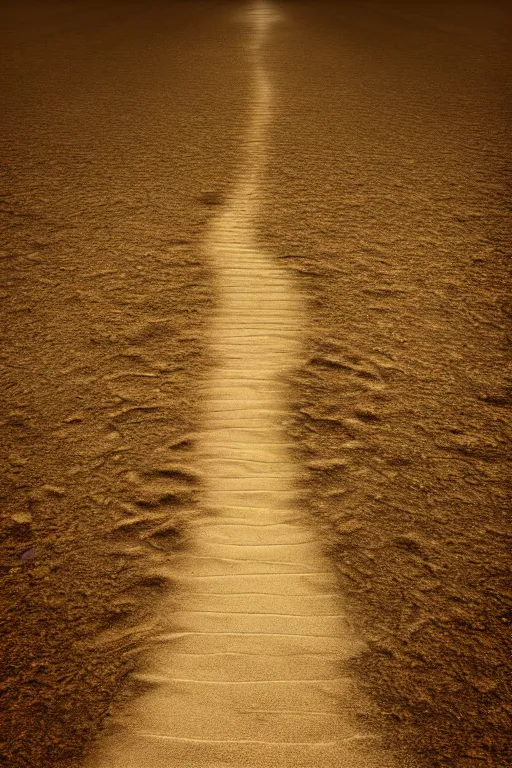 Image similar to walking down a single path in a desert, dream, tonemapped, sepia, photorealistic