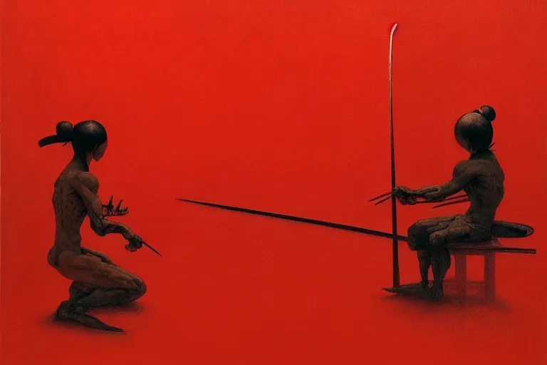 Image similar to only with red, a red samurai do seppuku, tokio, a lot of frogs watch, in the style of beksinski, parts by edward hopper, parts by rodcenko, parts by yue minjun, intricate and epic composition, red by caravaggio, insanely quality, highly detailed, masterpiece, red light, artstation, 4 k