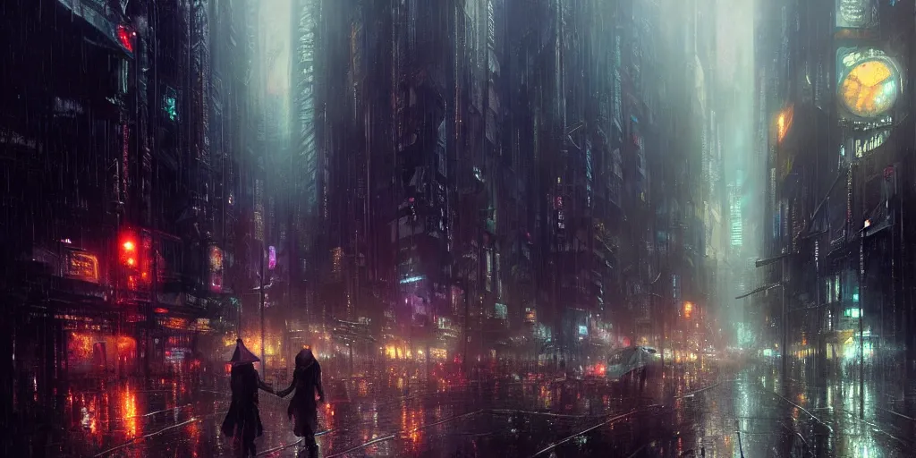 Prompt: night rain in a cyberpunk city, metropolis, fantasy, very detailed, calm lighting, art deco, by greg rutkowski, jeremy mann, thomas kinkade