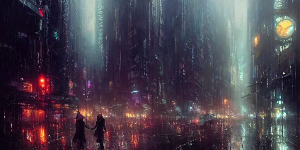 cyberpunk,city,metropolis,neon, rain,art illustration Stock Illustration