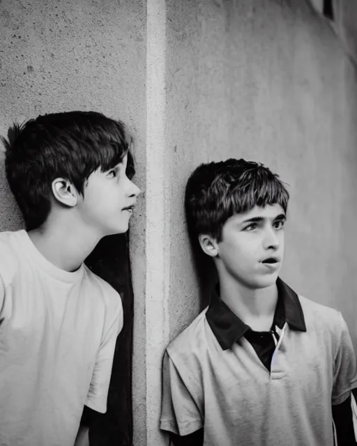 Prompt: black and white photo, two teenage boys stand against a wall, staring lovingly into each other's eyes, cdx