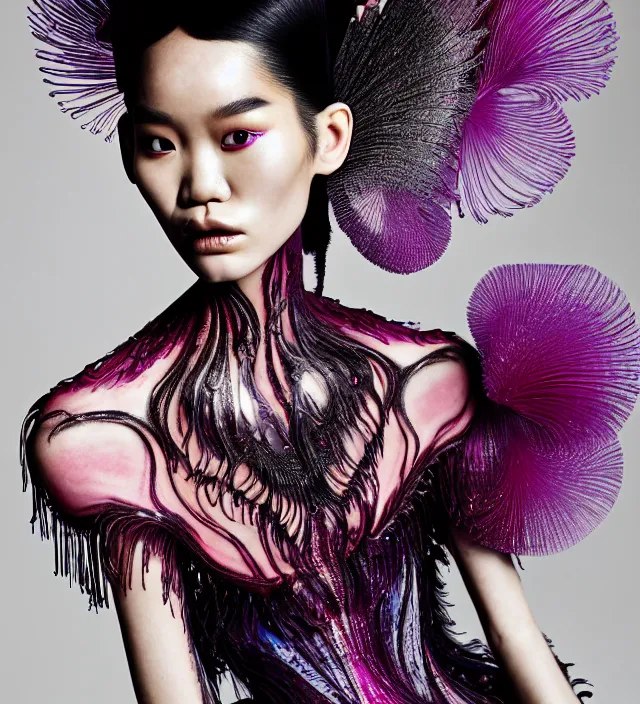 Image similar to photography american portrait of stunning model ming xi. great hair style,, half in shadow, natural pose, natural lighing, rim lighting, wearing an ornate stunning sophistical fluid dress and hat iris van herpen, colorfull newbaroque extreme makeup by benjamin puckey, highly detailed, skin grain detail, photography by paolo roversi