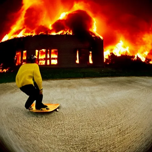 Image similar to fisheye skate video style photo of a burning building in an empty field, yellow red tones, hyper realistic, wide, wheat blowing in the wind