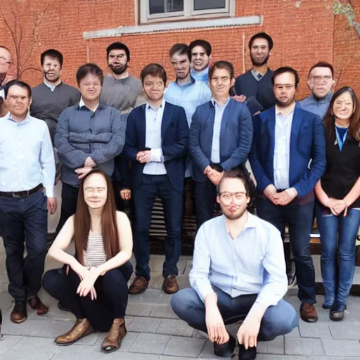 Image similar to blockchain development team of madfish solutions, corporate group photo near the office