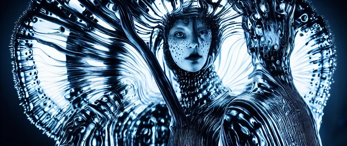 Image similar to hyperrealist highly detailed english medieval portrait of high fashion archangel trapped in ferrofluid sinkhole ferrofluid alien liquid, radiating atomic neon corals, veiny network growth with ghostly ghost translucent ghost armor, concept art pascal blanche dramatic studio lighting 8k wide angle shallow depth of field