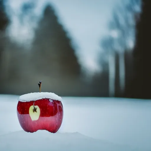 Prompt: a clear glass apple sitting on snow