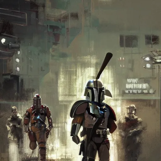 Prompt: the mandalorian, baseball game setting, by craig mullins, jeremy mann, jeremy mann.