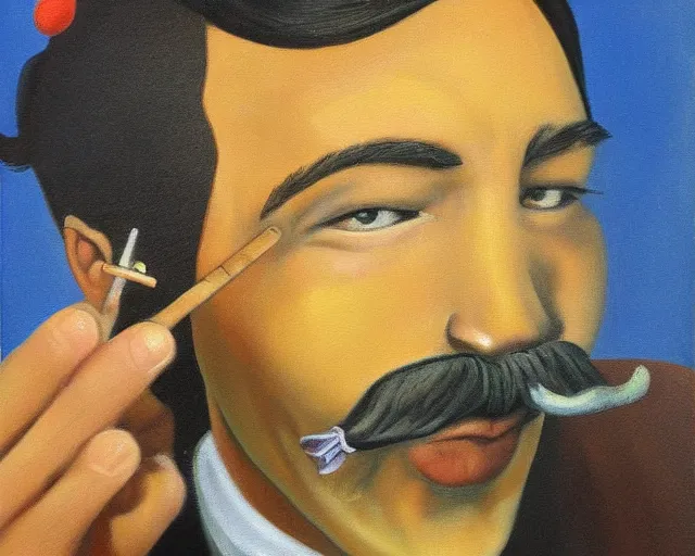 Image similar to a surreal painting of a young man with a fu manchu mustache smoking a joint