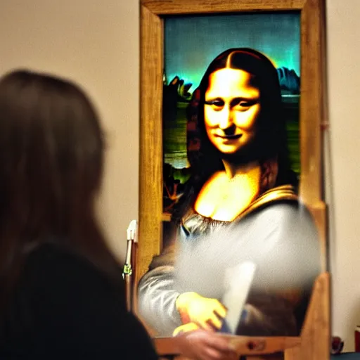 Image similar to A woman that looks like Mona Lisa is painting a portrait of Lenoardo da Vinci in a workshop