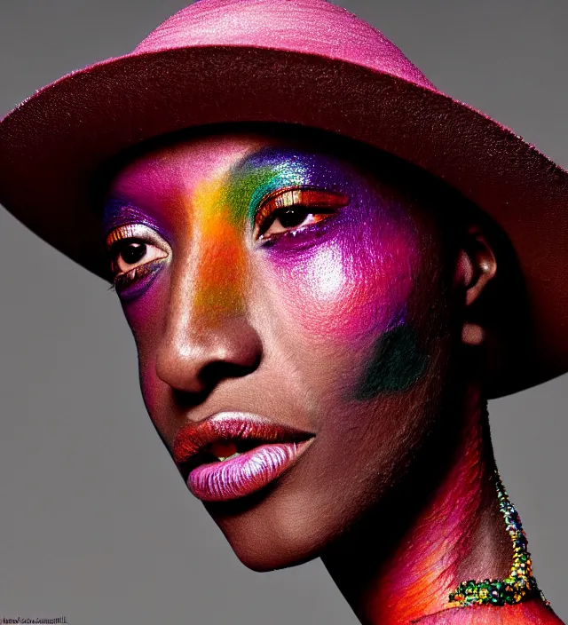 Prompt: photography facial portrait of naomi campell, natural background, natural pose, wearing a stunning hat by iris van herpen, with a colorfull makeup. highly detailed, skin grain detail, photography by paolo roversi, nick knight, helmut newton, avedon, araki