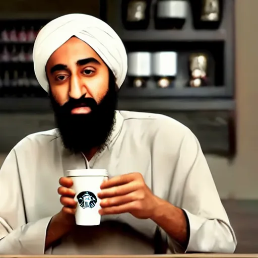 Prompt: osama bin laden drinking a starbucks coffee, 4 k, high definition, global illumination n - 4