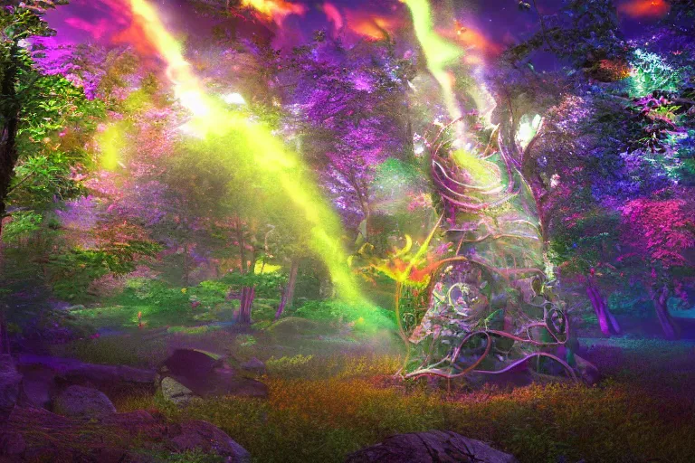 Image similar to a cosmic portal in an enchanted fantasy forest. colorful. cinematic lighting. photorealism.