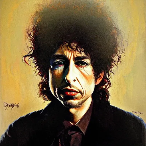Prompt: caricature portrait of bob dylan, detailed face, detailed painting, epic lighting, by ilya repin, phil hale and kent williams
