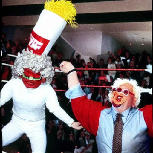 Image similar to Ronald McDonald elbow drops Colonel Sanders in WWE, 1990