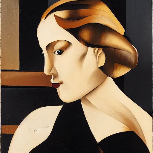 Image similar to by tamara de lempicka, by guy carleton wiggins lines. a beautiful kinetic sculpture of a person in profile, with their features appearing both in front of & behind their head.