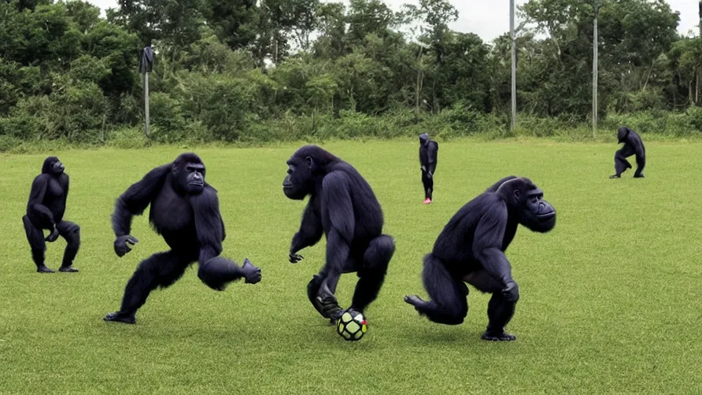 Image similar to gorillas using vr headset playing soccer, vivid