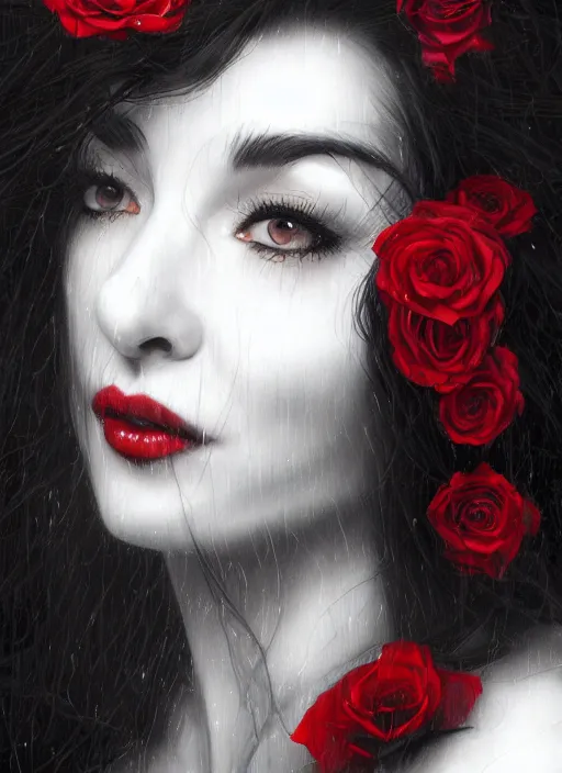 Prompt: portrait of kate bush against a dark background, lush black hair, pale skin, white and red roses, flowing material, intricate, beautiful cinematic lighting, stunning painting by artgerm, caravaggio, android jones, wadim kashin