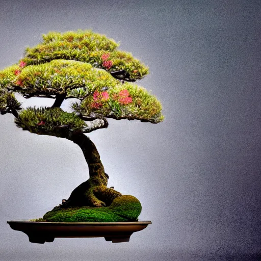 Image similar to A picture of a planet of various flowers, fungus and plants, Bonsai , in which the human figure is dressed in something magical and impressive, inside the picture is infinity, muted light, BotanicalAtmospheric phenomenon, artistic photography, muted colors, conceptual, Kodachrome