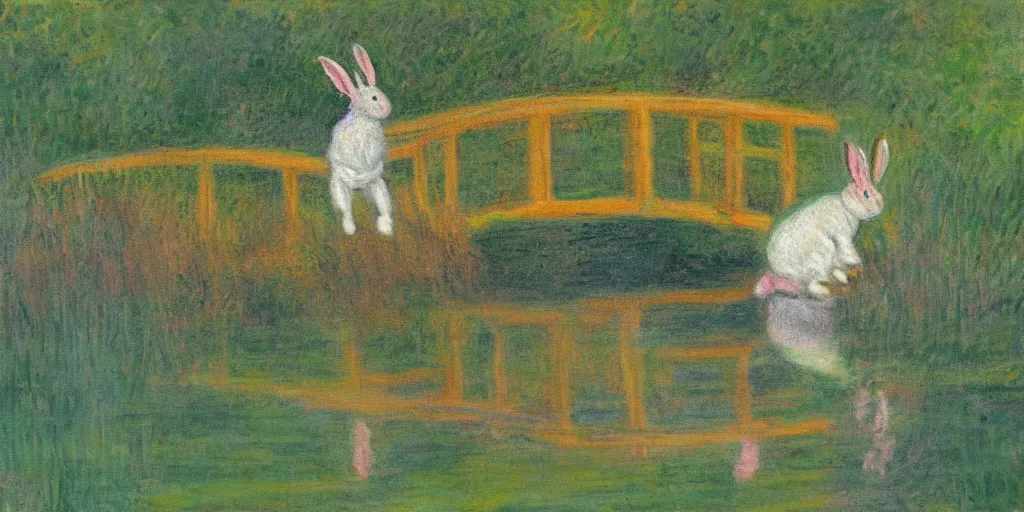 Prompt: a painting of a rabbit standing on a small wooden bridge, in the style of monet