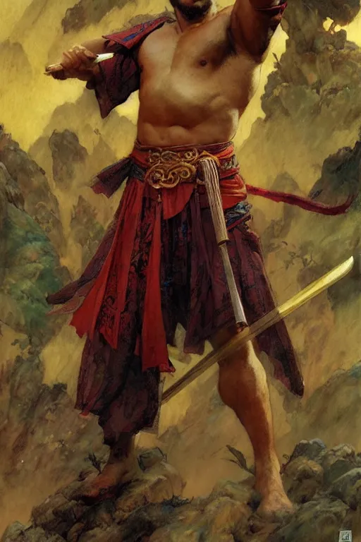 Image similar to wuxia, beefy male, character design, ancient china, colorful, painting by gaston bussiere, craig mullins, j. c. leyendecker, tom of finland